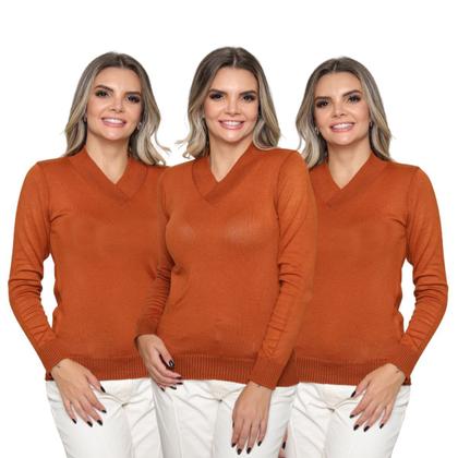 Imagem de Kit 3 Blusas Feminina Gola V Tricô Macio Sueter Manga Longa Inverno Casual 