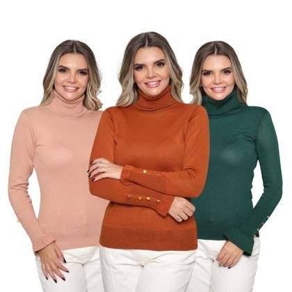 Imagem de Kit 3 Blusas Feminina Manga Longa com Botão Sueter Tricô Inverno 2024