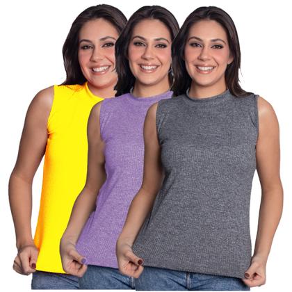 Imagem de Kit 3 Blusinha Regata Canelada Básica Gola Alta Casual Tendência Cores Candy