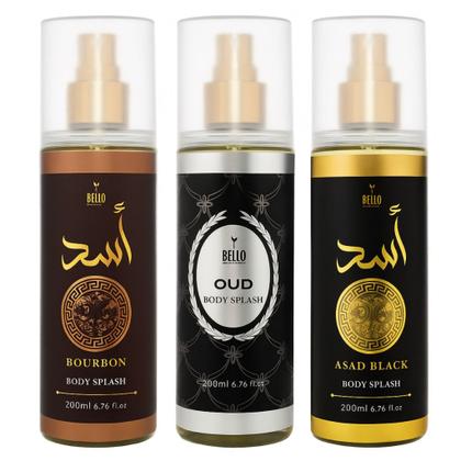 Imagem de Kit 3 Body Splash Árabe Masculino Bourbon, Oud E Asad Black 200 ml - Bello Charme