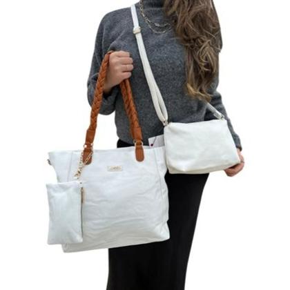 Imagem de Kit 3 Bolsas Femininas Alça Trançada Material Sintético Grande Transversal Necessaire Várias Cores