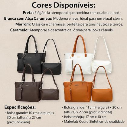 Imagem de Kit 3 Bolsas Femininas Alça Trançada Material Sintético Grande Transversal Necessaire Várias Cores