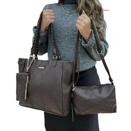 Imagem de Kit 3 Bolsas Femininas Alça Trançada Material Sintético Grande Transversal Necessaire Várias Cores