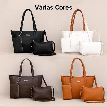 Imagem de Kit 3 Bolsas Femininas Alça Trançada Material Sintético Grande Transversal Necessaire Várias Cores