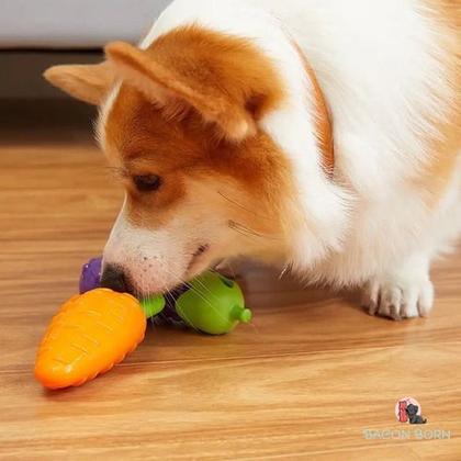 Imagem de Kit 3 Brinquedo Mordedor porta Petisco Cães cachorros com Apito Milho Berinjela Cenoura Enriquecimento Ambiental