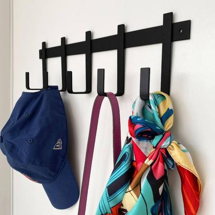 Imagem de Kit 3 Cabideiros de Parede com 5 Ganchos em Aço Preto para Pendurar Roupas Mochilas Bolsas Guarda Chuva