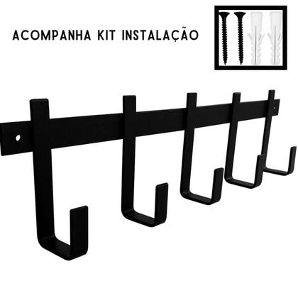 Imagem de Kit 3 Cabideiros de Parede com 5 Ganchos em Aço Preto para Pendurar Roupas Mochilas Bolsas Guarda Chuva