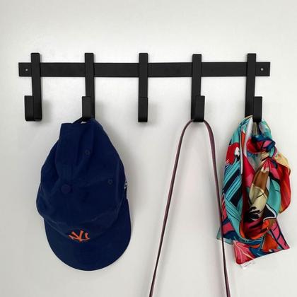 Imagem de Kit 3 Cabideiros de Parede com 5 Ganchos em Aço Preto para Pendurar Roupas Mochilas Bolsas Guarda Chuva