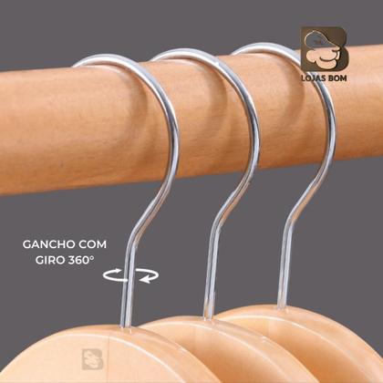 Imagem de Kit 3 Cabides De Madeira Com Verniz Premium E Gancho 360 Cromado Versátil Para Roupas Calças Loja