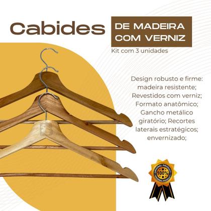Imagem de Kit 3 Cabides De Madeira Com Verniz Premium E Gancho 360 Cromado Versátil Para Roupas Calças Loja