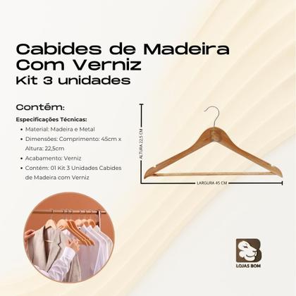 Imagem de Kit 3 Cabides De Madeira Com Verniz Premium E Gancho 360 Cromado Versátil Para Roupas Calças Loja