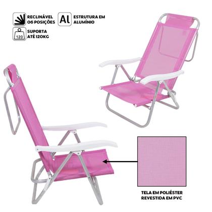 Imagem de Kit 3 Cadeira Reclinável Sunny 6 Posições Em Alumíno Para Praia Piscina Camping Rosa - 063010 Belfix
