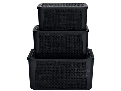 Imagem de Kit 3 Caixa Baú Cesta Gaveta Organizadora Moderna Rattan Pmg--Preto