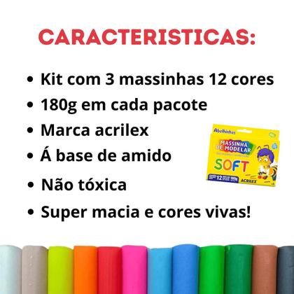 Imagem de Kit 3 caixa de massinha de modelar soft 12 cores 180g