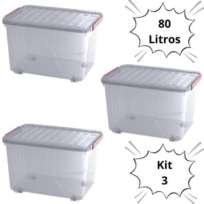 Imagem de Kit 3 Caixa Organizadora 80 litros com Rodinhas/Rodízios e Tampa e Travas Plástico Polipropileno Multiuso 80l - New Plastic