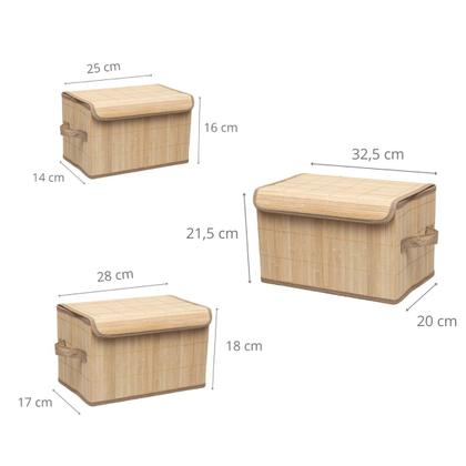 Imagem de Kit 3 Caixa Organizadora Bambu Natural Forrada Tampa Cesto Armazenamento Multiuso Organização Casa