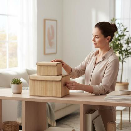 Imagem de Kit 3 Caixa Organizadora Bambu Natural Forrada Tampa Cesto Armazenamento Multiuso Organização Casa