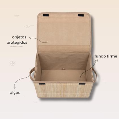 Imagem de Kit 3 Caixa Organizadora Bambu Natural Forrada Tampa Cesto Armazenamento Multiuso Organização Casa