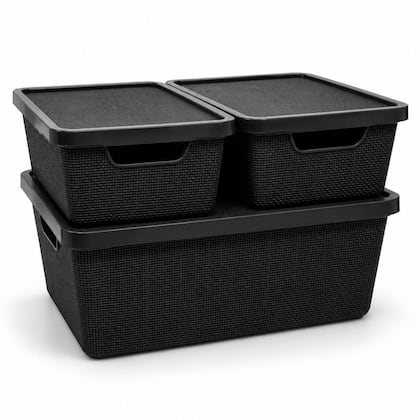 Kit 3 Caixa Organizadora Cesto com tampa grande Caixas em plástico 6L 16L Preto - Leevlar