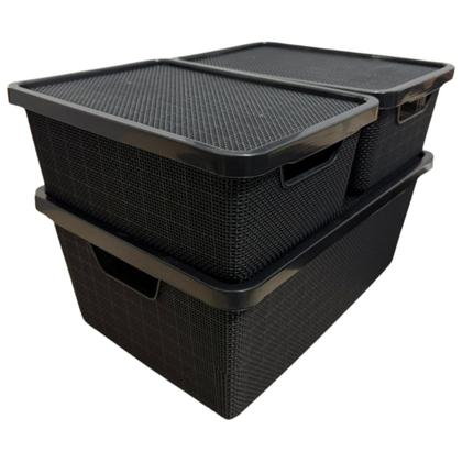 Imagem de Kit 3 Caixa Organizadora Cesto com tampa grande Caixas em plástico 6L 16L Preto