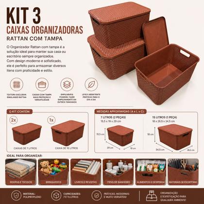 Imagem de Kit 3 Caixa Organizadora Cesto com tampa grande Caixas Rattan 7L - 15L