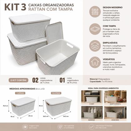 Imagem de Kit 3 Caixa Organizadora Cesto com tampa grande Caixas Rattan 7L - 15L