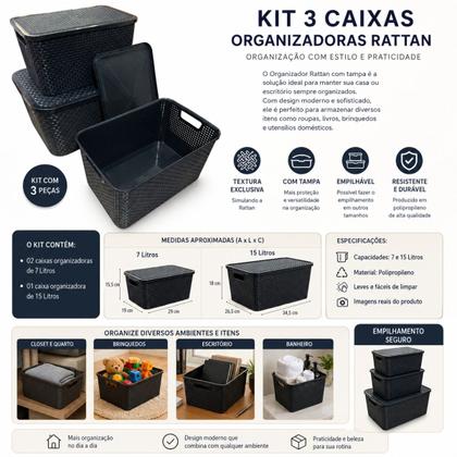 Imagem de Kit 3 Caixa Organizadora Cesto com tampa grande Caixas Rattan 7L - 15L