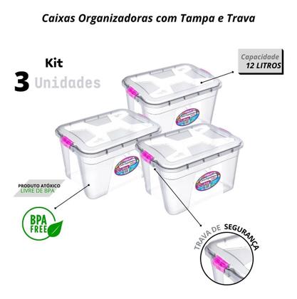 Imagem de Kit 3 Caixa Organizadora Empilhável 12l Com Tampa