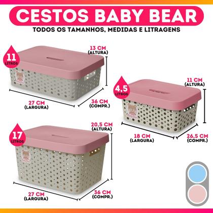 Imagem de Kit 3 Caixas Organizadora Baby Bear Trama Rattan Infantil Pequena 4,5L Rosa Azul - Usual Utilidades