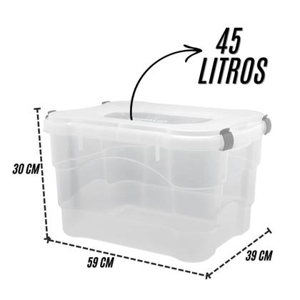 Imagem de Kit 3 Caixas Organizadora Multiuso Transparente 45 23 13 Lts Tampa com Trava jaguar