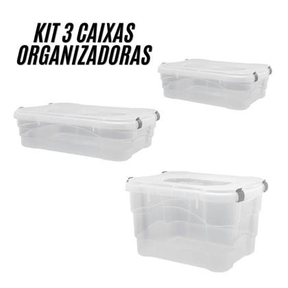 Imagem de Kit 3 Caixas Organizadora Multiuso Transparente 45 23 13 Lts Tampa com Trava jaguar