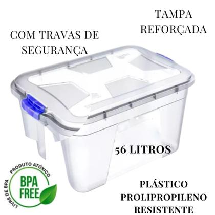 Imagem de Kit 3 caixas Organizadora Multiuso Transparente 56 Litros Trava Azul