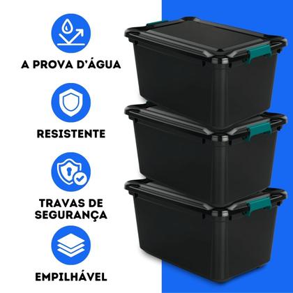 Imagem de Kit 3 Caixas Organizadoras 27 Litros Tampa E Trava Baú Plástico Preta Robusta