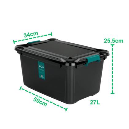 Imagem de Kit 3 Caixas Organizadoras 27 Litros Tampa E Trava Baú Plástico Preta Robusta