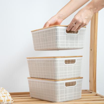 Imagem de Kit 3 caixas organizadoras 4 litros brancas c/ tampa bambu