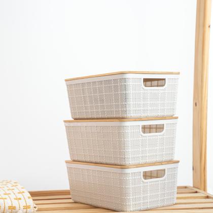Imagem de Kit 3 caixas organizadoras 4 litros brancas c/ tampa bambu