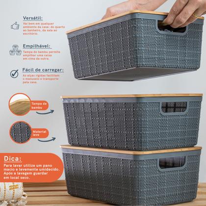 Imagem de Kit 3 Caixas Organizadoras 4 Litros Cinza C/ Tampa Bambu Oikos