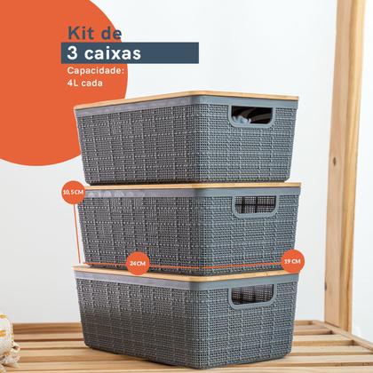 Imagem de Kit 3 Caixas Organizadoras 4 Litros Cinza C/ Tampa Bambu Oikos