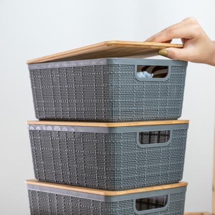 Imagem de Kit 3 Caixas Organizadoras 4 Litros Cinza C/ Tampa Bambu Oikos