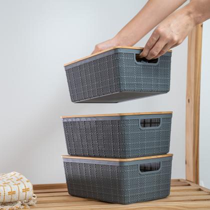 Imagem de Kit 3 Caixas Organizadoras 4 Litros Cinza C/ Tampa Bambu Oikos