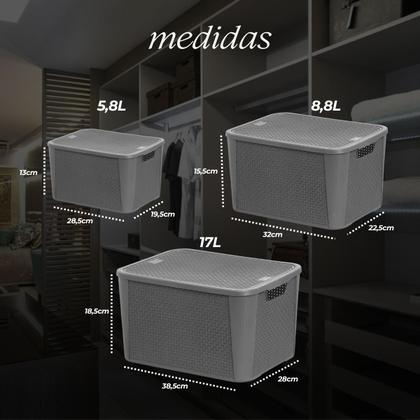 Imagem de Kit 3 Caixas Organizadoras 5,8L 8,8L 17L Rattan Cinza 