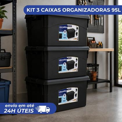 Imagem de Kit 3 Caixas Organizadoras 95L Com Rodízio Preta Injeplastec