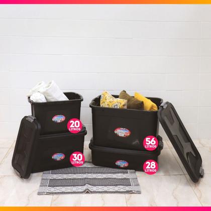 Kit 3 Caixas Organizadoras Grande Preta 56 Litros Com Trava e Tampa - Uninjet Imagem de Kit 3 Caixas Organizadoras Grande Preta 56 Litros Com Trava e Tampa - Uninjet
