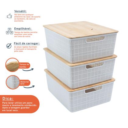 Imagem de Kit 3 Caixas Organizadoras Tampa de Bambu 12l Branca - Oikos