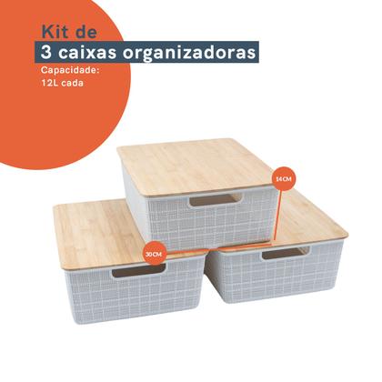 Imagem de Kit 3 Caixas Organizadoras Tampa de Bambu 12l Branca - Oikos