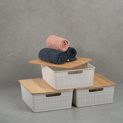 Imagem de Kit 3 Caixas Organizadoras Tampa de Bambu 12l Branca - Oikos