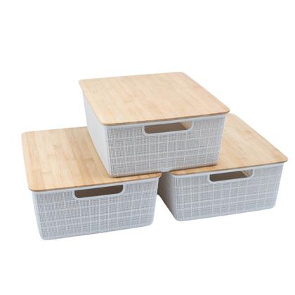Imagem de Kit 3 Caixas Organizadoras Tampa de Bambu 12l Branca - Oikos