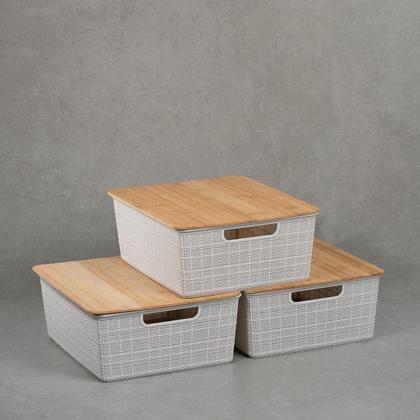 Imagem de Kit 3 Caixas Organizadoras Tampa de Bambu 12l Branca - Oikos
