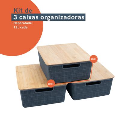 Imagem de Kit 3 Caixas Organizadoras Tampa de Bambu 12l Cinza - Oikos