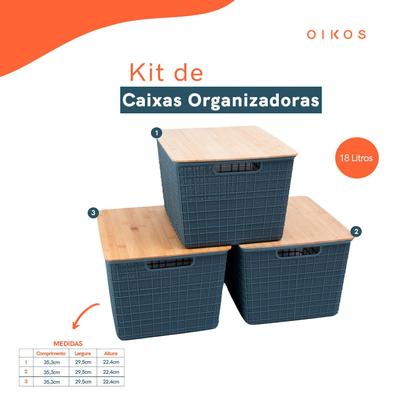 Imagem de Kit 3 Caixas Organizadoras Tampa de Bambu 18l Cinza - Oikos